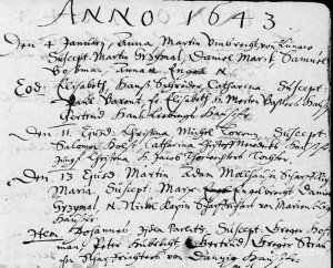 Tczew kat 1643.jpg (267.37 KiB) Przejrzano 11051 razy Rok 1643 księgi metrykalne kościoła ewangelickiego w Tczewie. Proszę patrzeć na ostatnie dwa wpisy.