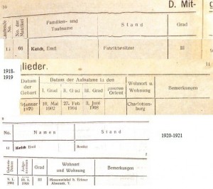 Emil Kelch wg Mitglieder-Verzeichnis Loge &quot;Friedrich...&quot;, Dirschau (1918/19, 1920/21).