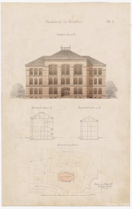 Realschule, Dirschau Vorskizze Lageplan, Aufriss Vorderseite, Schnitt AB, Schnitt CD.jpg